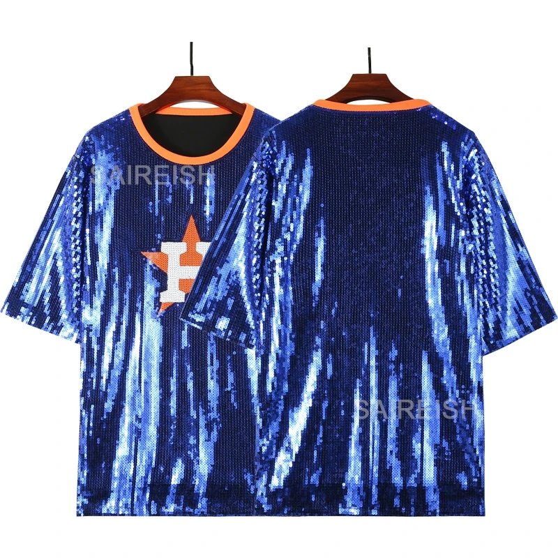 Custom 2024 New Astro Blue Orange Stripes Baseball Jersey Sequin T Shirt Casual Dresses For Women