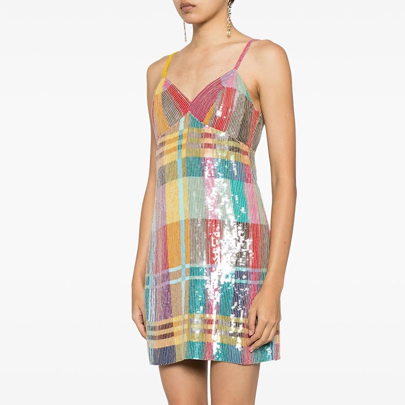 Custom Colorful Sequin Halter V-Neck Mini Dress Fashion Women's Bodycon Casual Dress with Check Pattern Sequin Embellishment