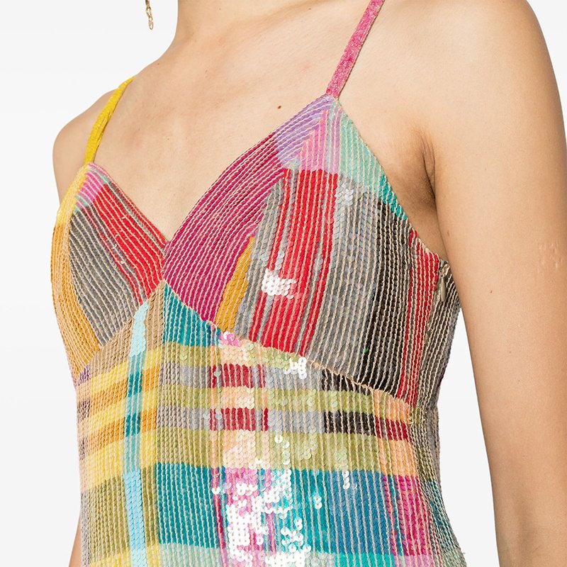 Custom Colorful Sequin Halter V-Neck Mini Dress Fashion Women's Bodycon Casual Dress with Check Pattern Sequin Embellishment