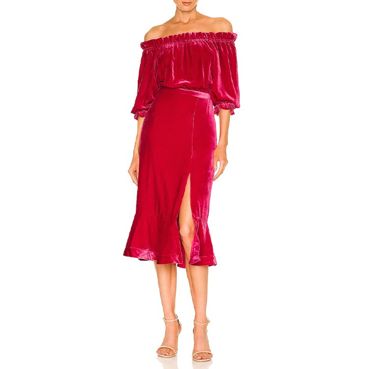 Ledis Dress Women 2023 Ruffled Elegant Cropped Neck Velvet Midi Ladies Fashion Dress