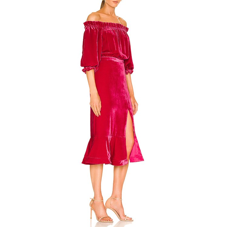 Ledis Dress Women 2023 Ruffled Elegant Cropped Neck Velvet Midi Ladies Fashion Dress