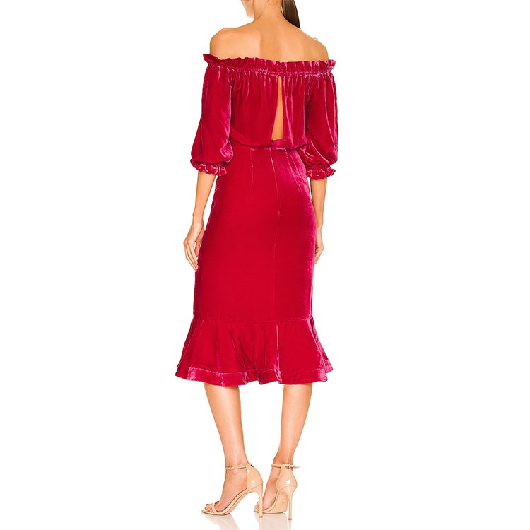 Ledis Dress Women 2023 Ruffled Elegant Cropped Neck Velvet Midi Ladies Fashion Dress
