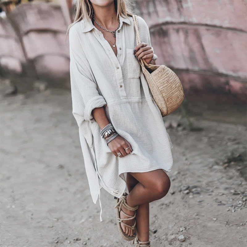 2024 New Women's Casual Loose Cotton and Linen V-Neck Linen Midi Shirt Dress