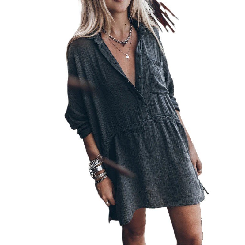 2024 New Women's Casual Loose Cotton and Linen V-Neck Linen Midi Shirt Dress
