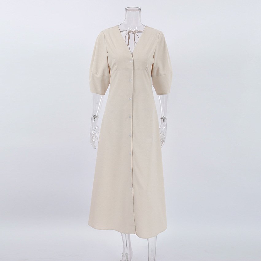 French Ladies Beige Cotton Linen Puff Sleeve Dress Women Summer Open Back Loose V Neck Shirt Casual Dress Midi Dress