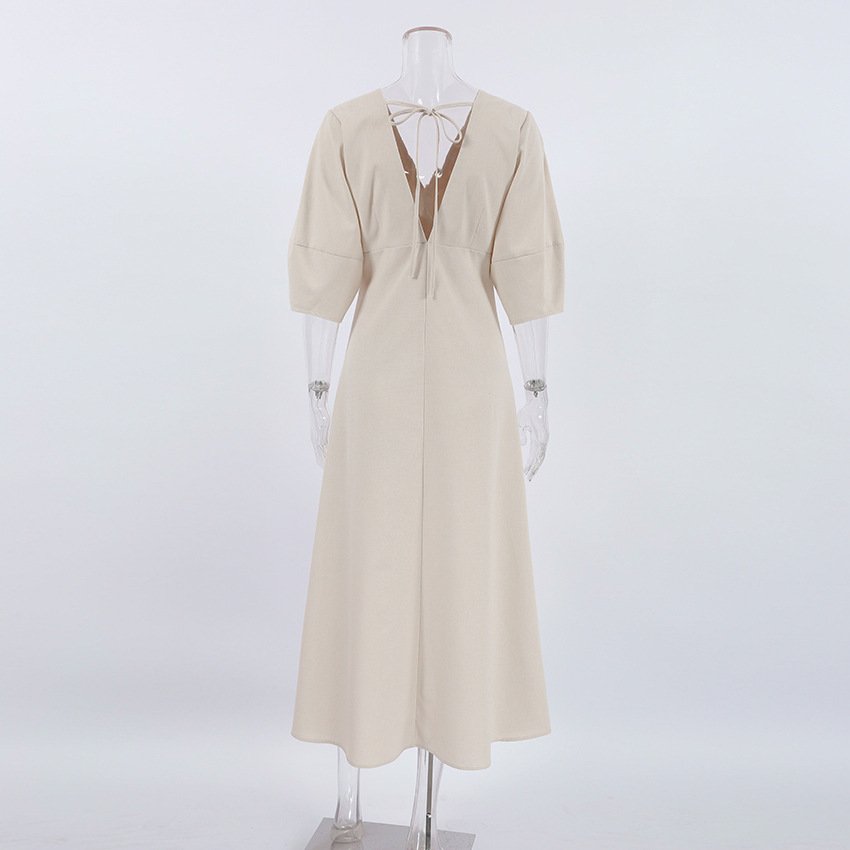 French Ladies Beige Cotton Linen Puff Sleeve Dress Women Summer Open Back Loose V Neck Shirt Casual Dress Midi Dress