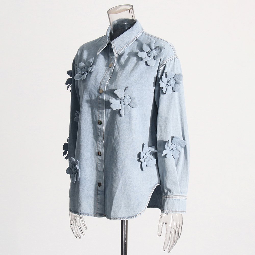 TWOTWINSTYLE Fashion Solid Washed Faded Splice Embroidered Jackets Flower Decoration Women Denim Casual Women's Jackets