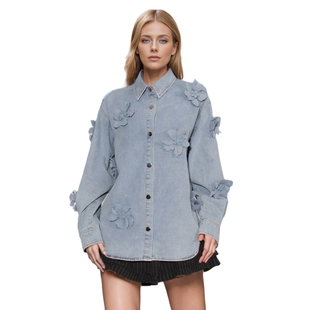 TWOTWINSTYLE Fashion Solid Washed Faded Splice Embroidered Jackets Flower Decoration Women Denim Casual Women's Jackets