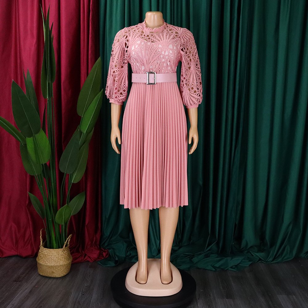 Latest Design Ladies Spring Dress 2024 Temperament Solid Lace Dresses Women Hook Flower Hollow out Pleated Dress
