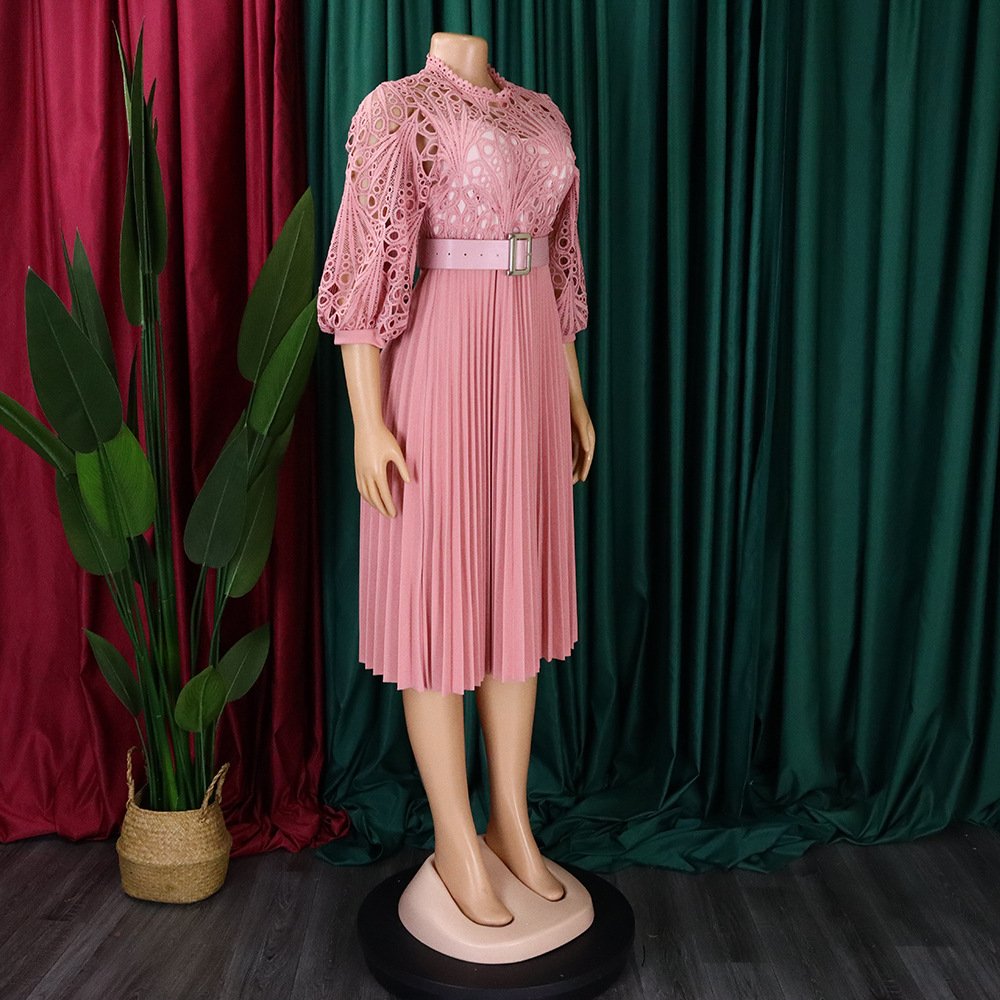 Latest Design Ladies Spring Dress 2024 Temperament Solid Lace Dresses Women Hook Flower Hollow out Pleated Dress