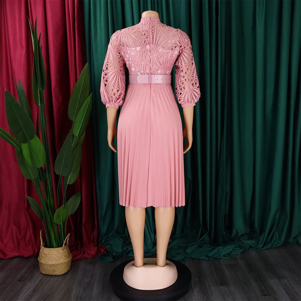 Latest Design Ladies Spring Dress 2024 Temperament Solid Lace Dresses Women Hook Flower Hollow out Pleated Dress