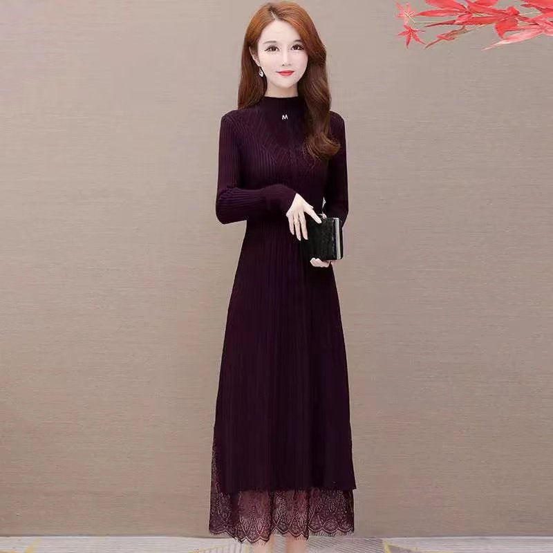 Huachao hot arrival autumn casual dress lace silk skirt slim fit long sleeve women's sweater for dress