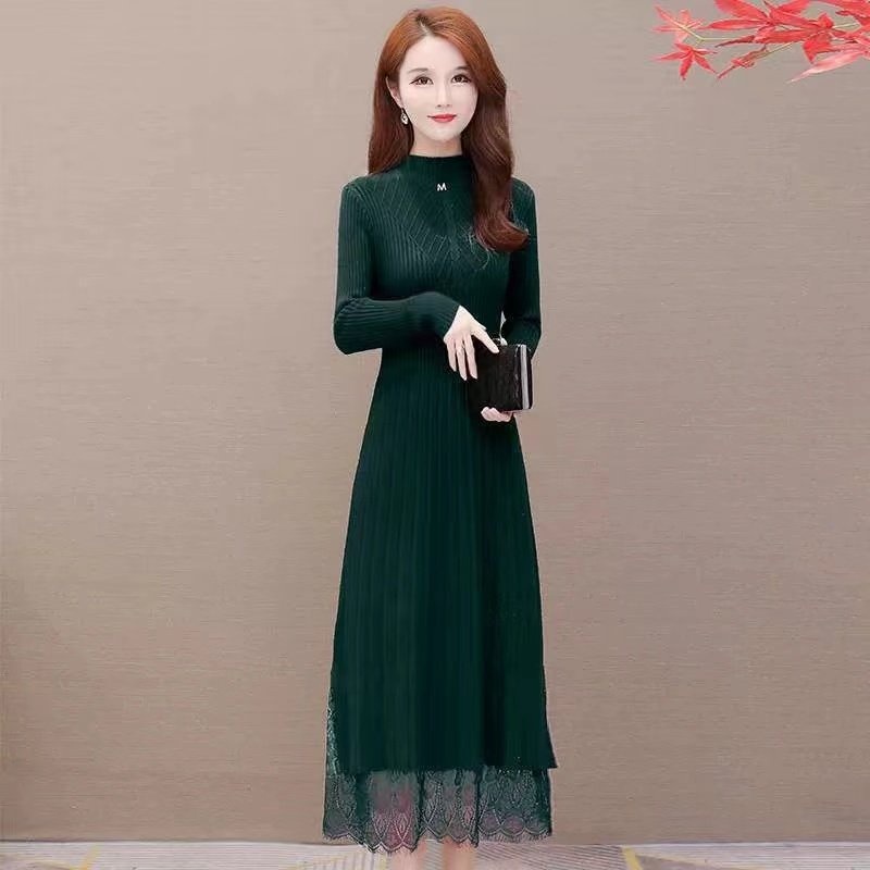Huachao hot arrival autumn casual dress lace silk skirt slim fit long sleeve women's sweater for dress