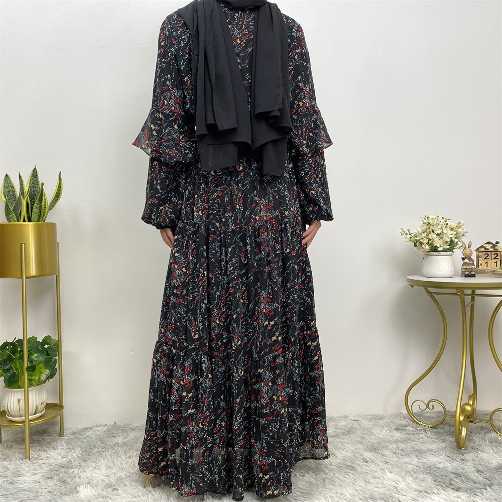 6564# Premium chiffon small floral dress muslim women long sleeve printed maxi dresses with full lining 5 colors