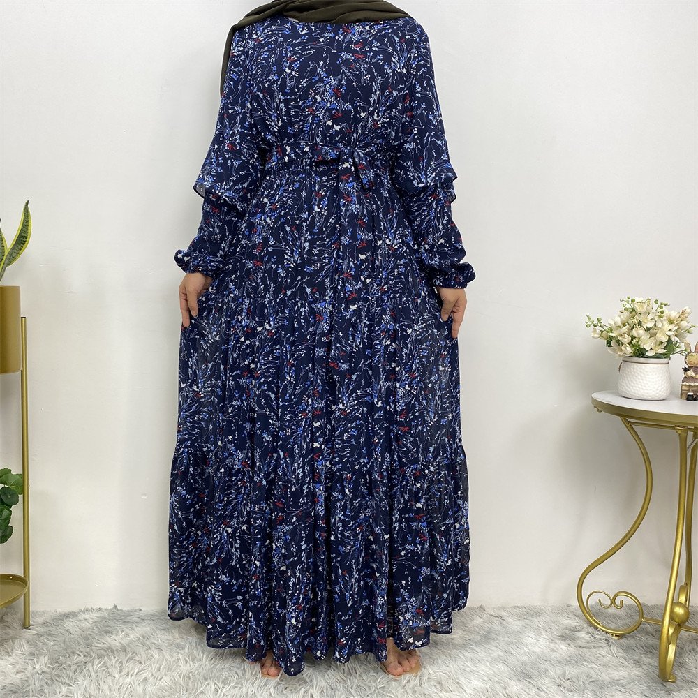 6564# Premium chiffon small floral dress muslim women long sleeve printed maxi dresses with full lining 5 colors