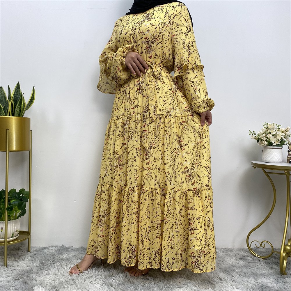 6564# Premium chiffon small floral dress muslim women long sleeve printed maxi dresses with full lining 5 colors