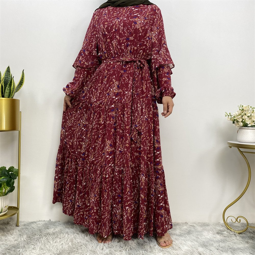 6564# Premium chiffon small floral dress muslim women long sleeve printed maxi dresses with full lining 5 colors