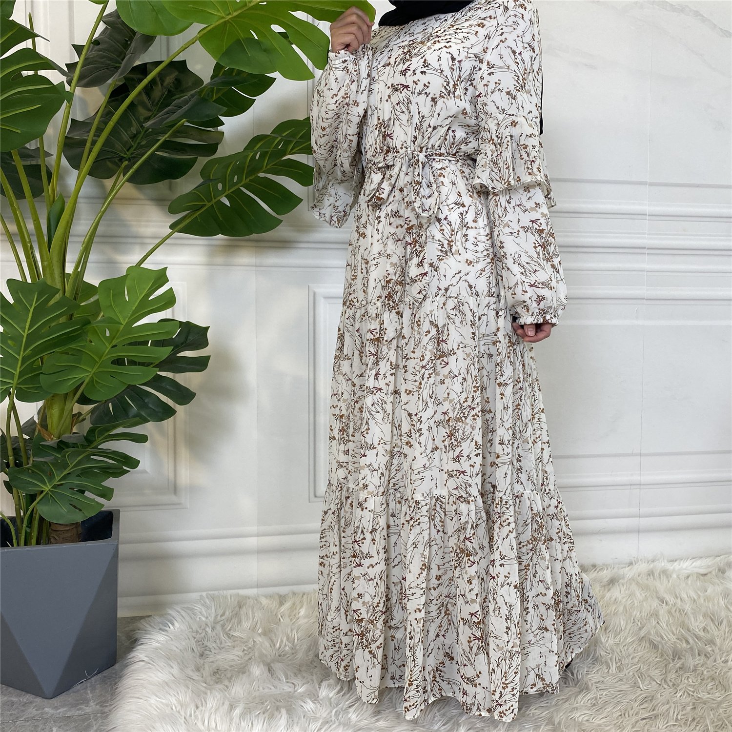 6564# Premium chiffon small floral dress muslim women long sleeve printed maxi dresses with full lining 5 colors