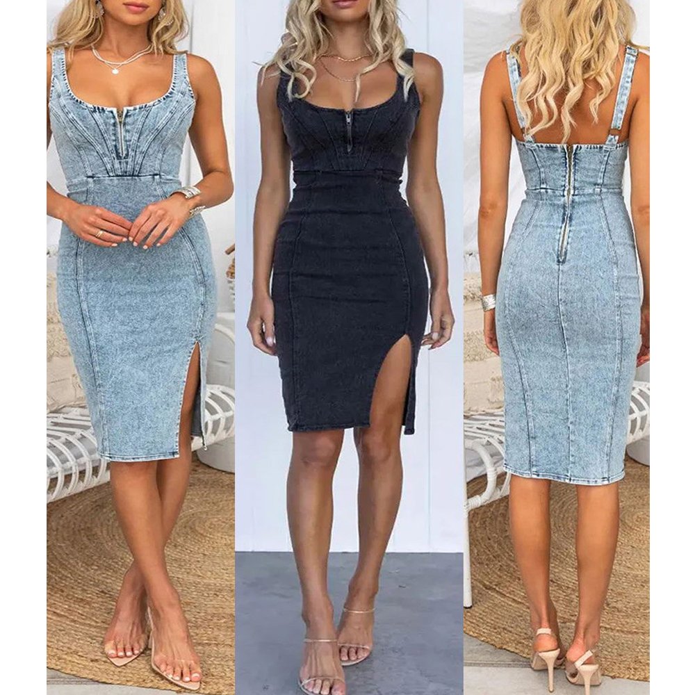 New Style Women Summer U-neck Denim Dresses Sleeveless Zipper Ladies Europe Retro Solid Color Midi Pencil Casual Jean Dresses