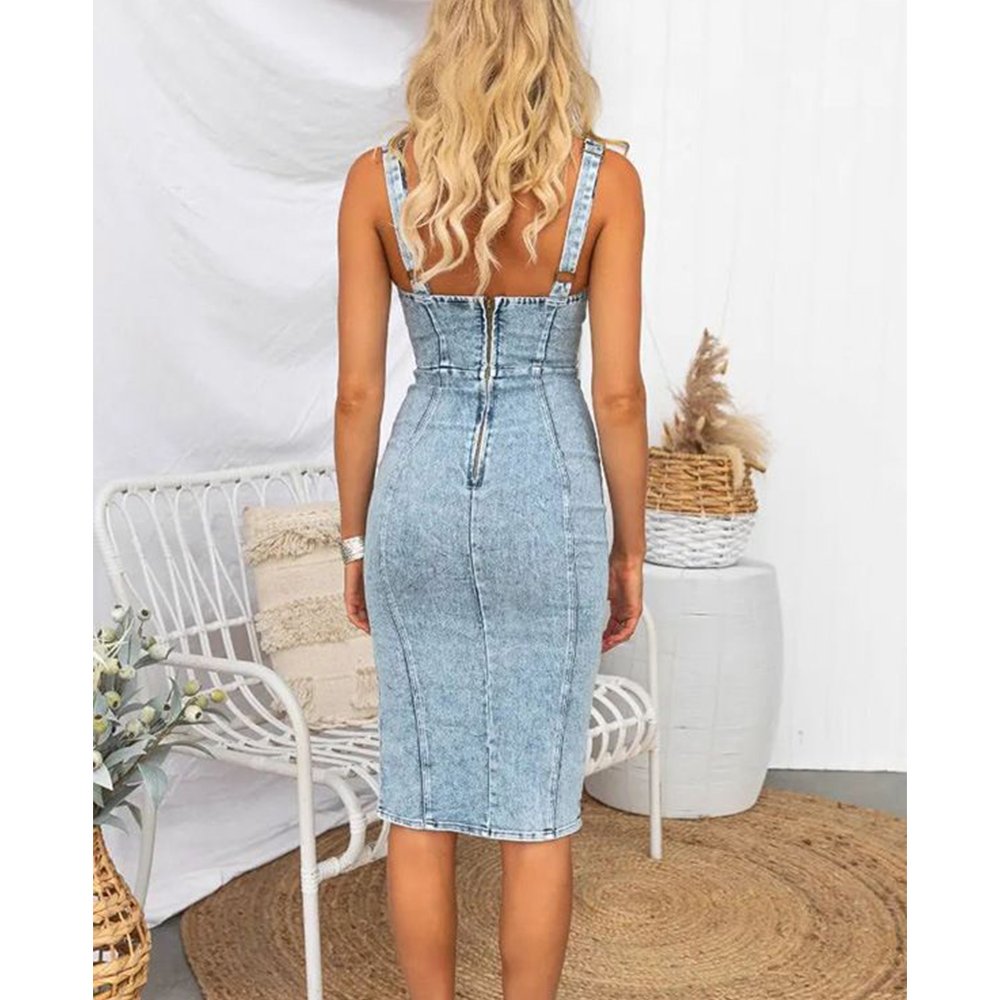 New Style Women Summer U-neck Denim Dresses Sleeveless Zipper Ladies Europe Retro Solid Color Midi Pencil Casual Jean Dresses