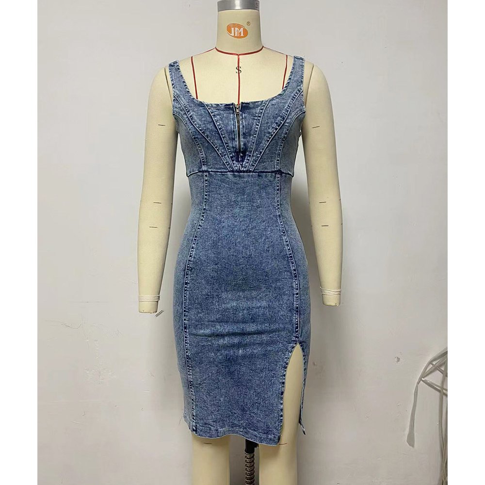 New Style Women Summer U-neck Denim Dresses Sleeveless Zipper Ladies Europe Retro Solid Color Midi Pencil Casual Jean Dresses