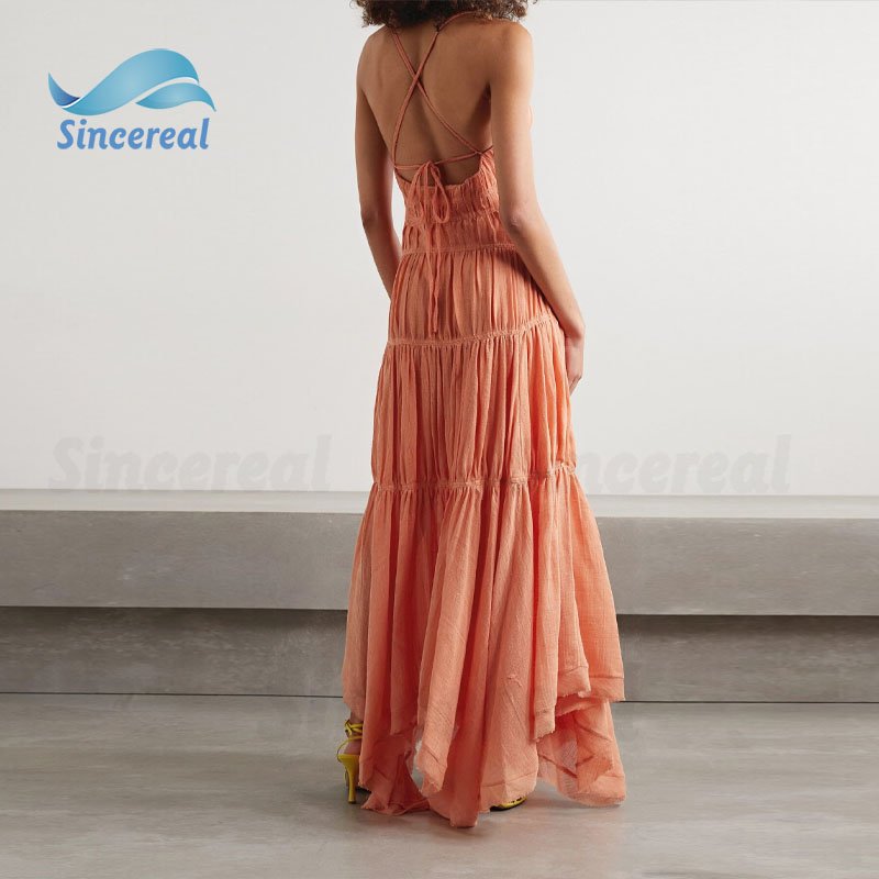 Custom Sexy Summer Outfits Adjustable shoulder straps Open-Back Linen Gauze V neckline Maxi Casual Dresses for Woman