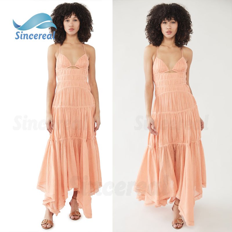 Custom Sexy Summer Outfits Adjustable shoulder straps Open-Back Linen Gauze V neckline Maxi Casual Dresses for Woman