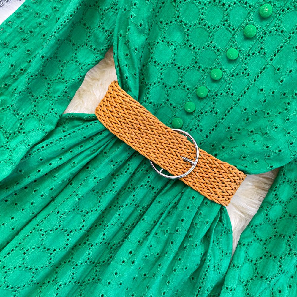 S-XXL Elegant Women Casual Dress Stand Collar Hollow Out Belt Waist Puff Long Sleeve Dress