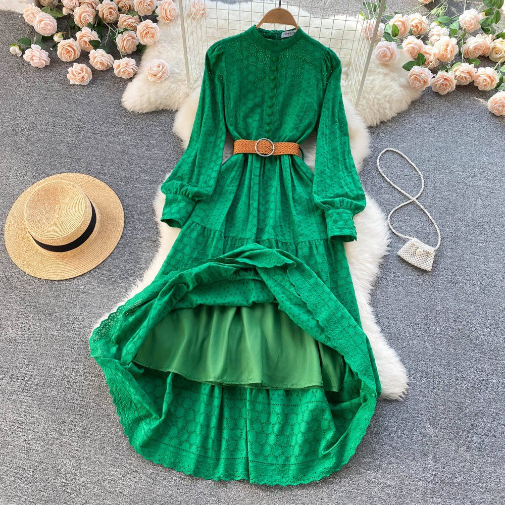 S-XXL Elegant Women Casual Dress Stand Collar Hollow Out Belt Waist Puff Long Sleeve Dress