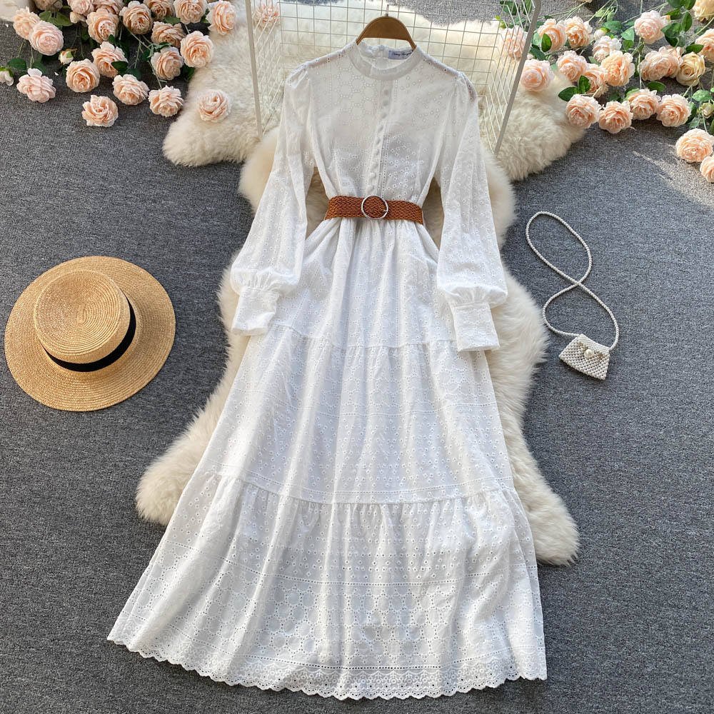 S-XXL Elegant Women Casual Dress Stand Collar Hollow Out Belt Waist Puff Long Sleeve Dress