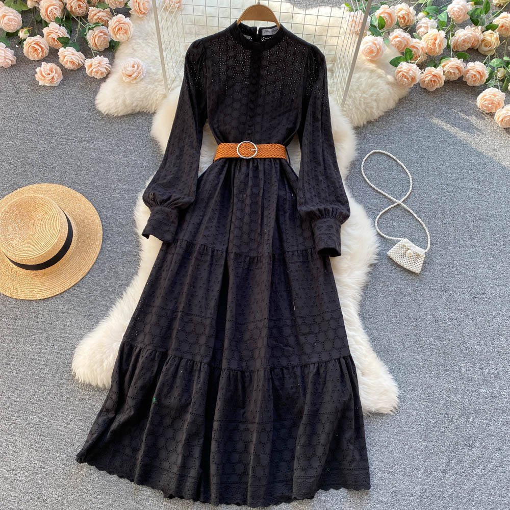 S-XXL Elegant Women Casual Dress Stand Collar Hollow Out Belt Waist Puff Long Sleeve Dress