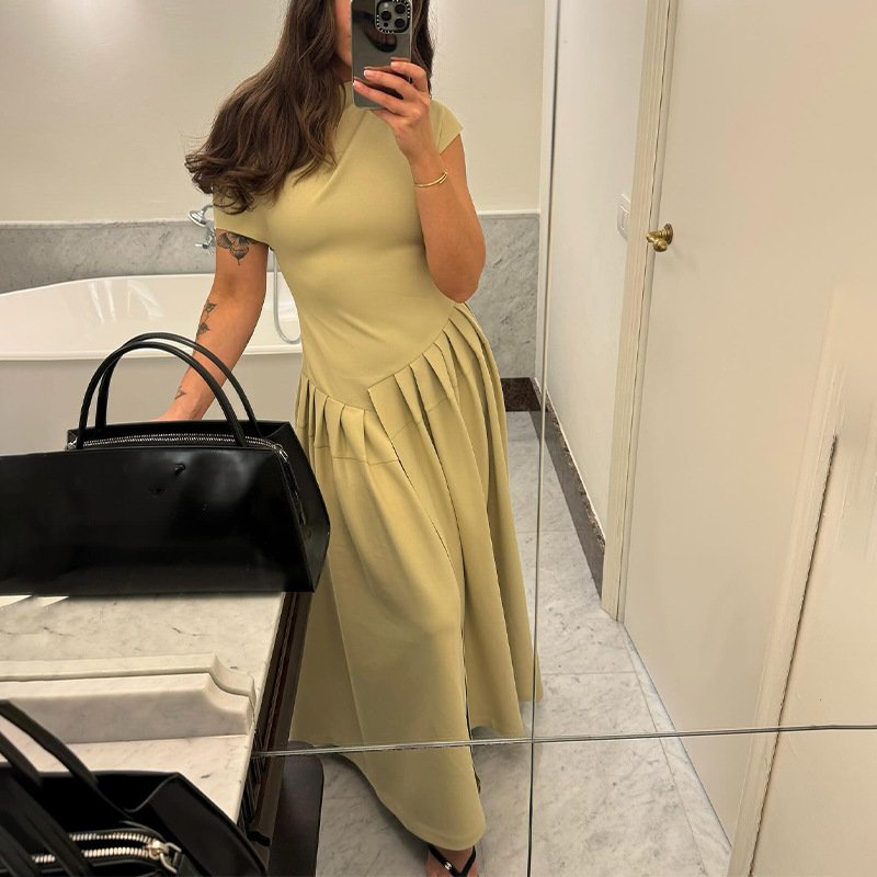 20245 European and American fashion round neck short sleeve patchwork pleated dress women irregular high waist long dresses