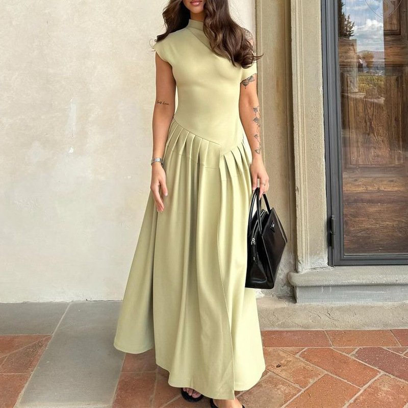 20245 European and American fashion round neck short sleeve patchwork pleated dress women irregular high waist long dresses
