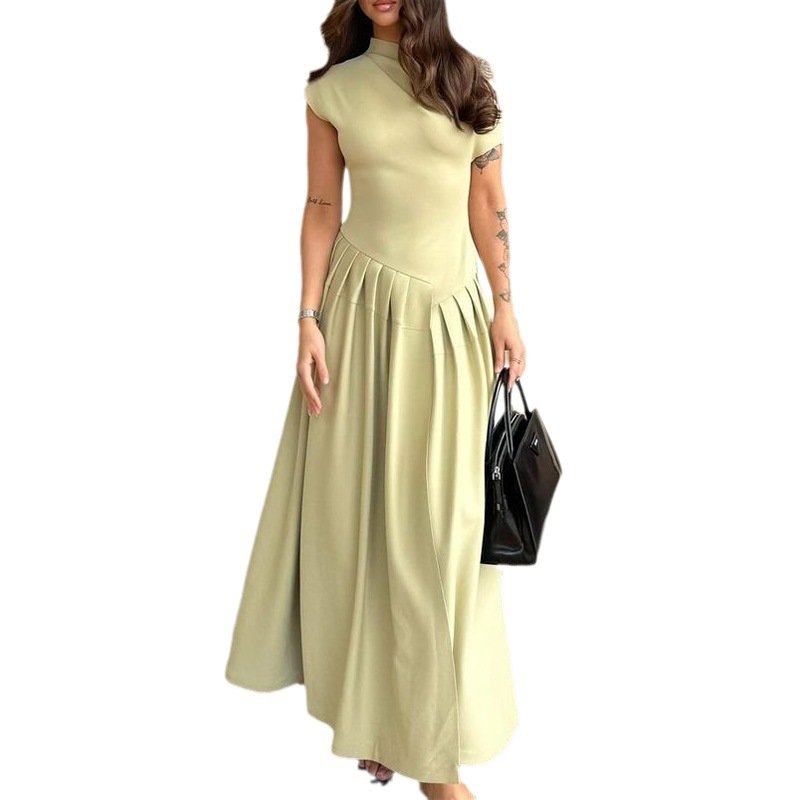 20245 European and American fashion round neck short sleeve patchwork pleated dress women irregular high waist long dresses