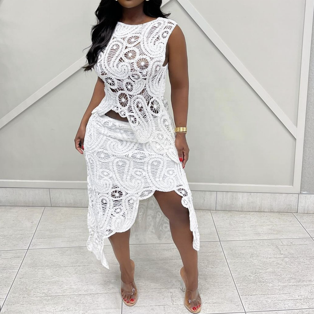 Elegant Sexy Fashion See Through Knitting Sleeveless Irregular Crop Top Long Maxi Crochet Two Piece Skirt Set 2 Piece Set Women