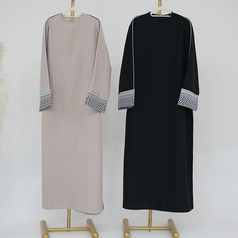 Factory Fashion Linen Printed Muslim Belted Dress Palestine Kufiyah Modest Abaya Ramadan Closed Abaya Women Muslim Casual Dress