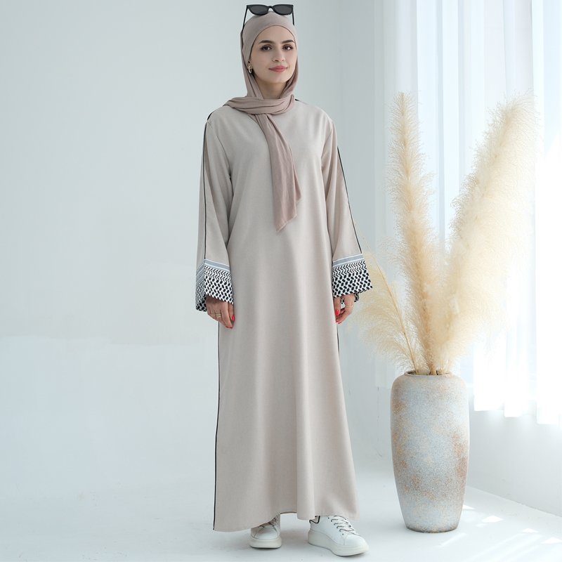 Factory Fashion Linen Printed Muslim Belted Dress Palestine Kufiyah Modest Abaya Ramadan Closed Abaya Women Muslim Casual Dress