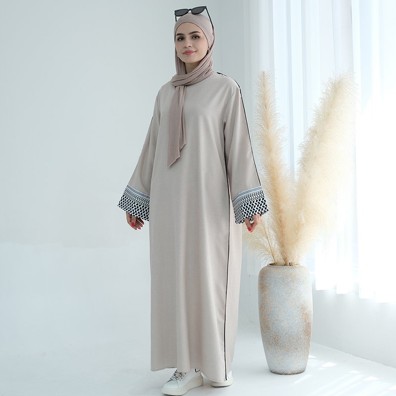 Factory Fashion Linen Printed Muslim Belted Dress Palestine Kufiyah Modest Abaya Ramadan Closed Abaya Women Muslim Casual Dress
