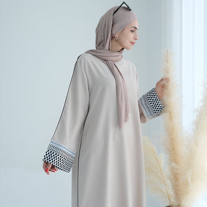 Factory Fashion Linen Printed Muslim Belted Dress Palestine Kufiyah Modest Abaya Ramadan Closed Abaya Women Muslim Casual Dress