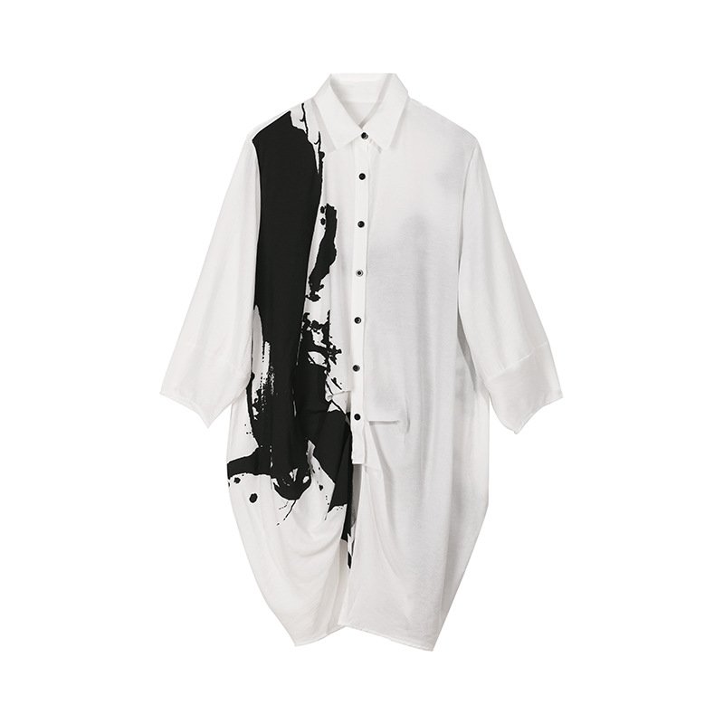 Popular Elegant Casual Style Women Long Shirt Dress Printed Shirt Dress Button Boyfriend Shirt Dress OEM Service White Woven