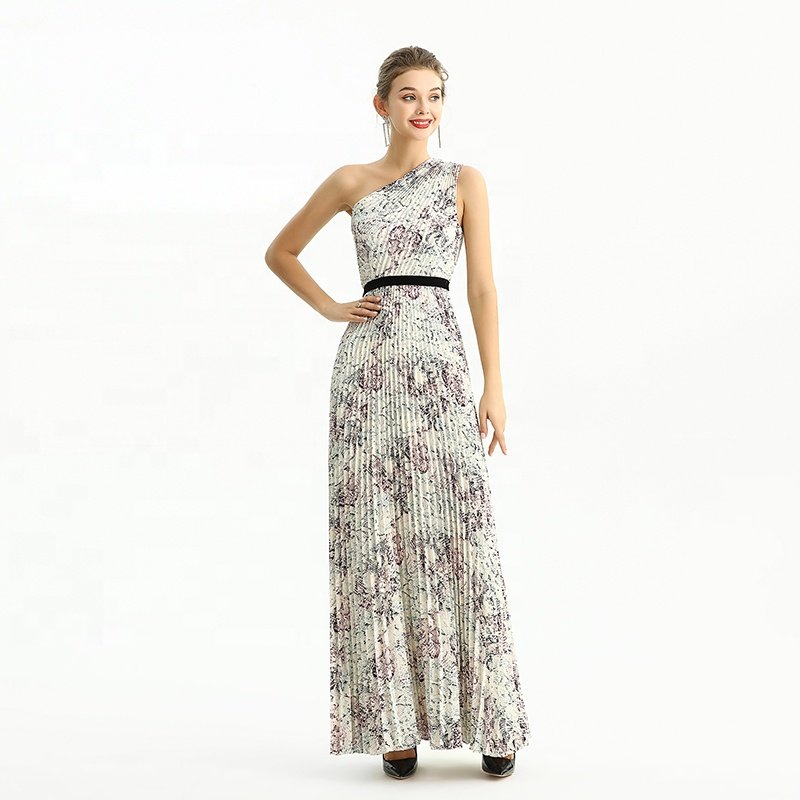 D202 High Quality Fashion Elegant One Shoulder Vintage Print Pleated Maxi Long Women Formal Evening Casual Dress