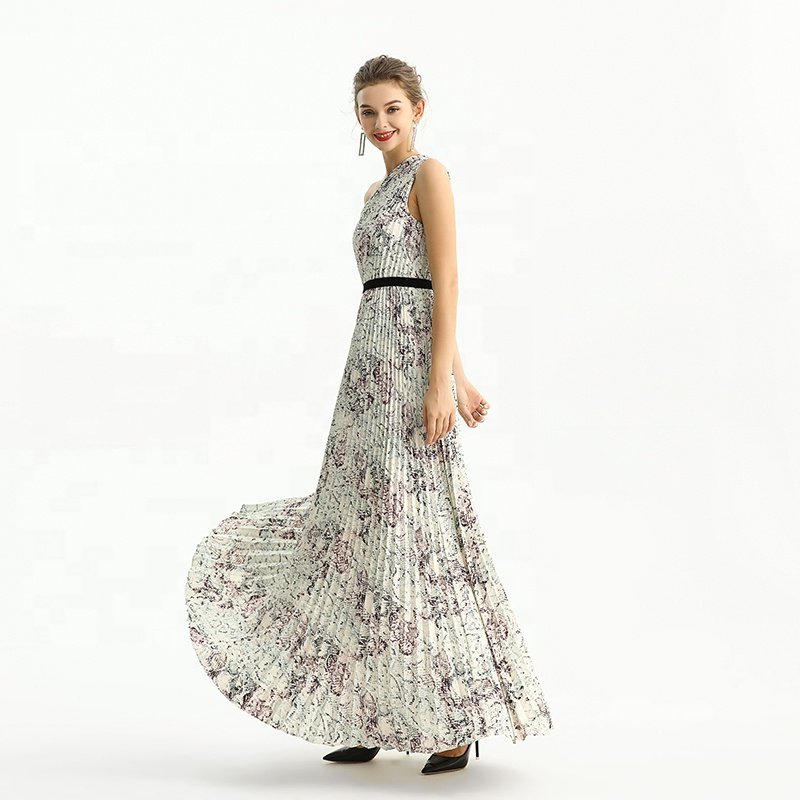 D202 High Quality Fashion Elegant One Shoulder Vintage Print Pleated Maxi Long Women Formal Evening Casual Dress