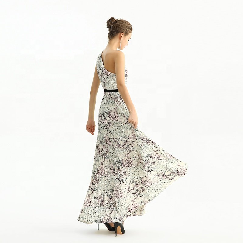 D202 High Quality Fashion Elegant One Shoulder Vintage Print Pleated Maxi Long Women Formal Evening Casual Dress