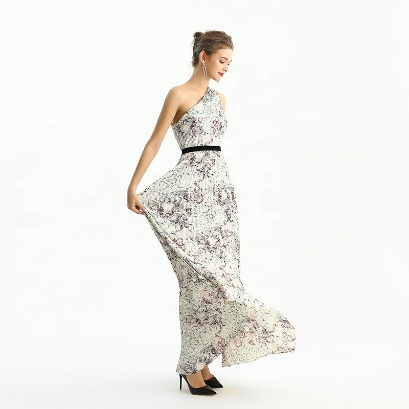 D202 High Quality Fashion Elegant One Shoulder Vintage Print Pleated Maxi Long Women Formal Evening Casual Dress