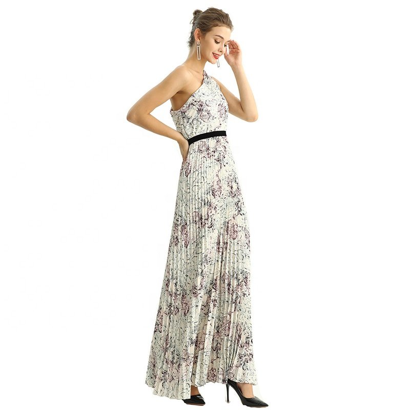 D202 High Quality Fashion Elegant One Shoulder Vintage Print Pleated Maxi Long Women Formal Evening Casual Dress