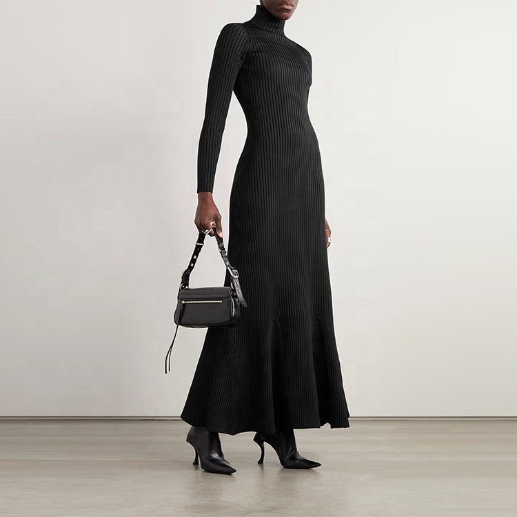 Knitwear Manufacturer Custom Fall Winter Black turtleneck Long Sleeve elegant casual Ribbed Knit Women Sweater Dress