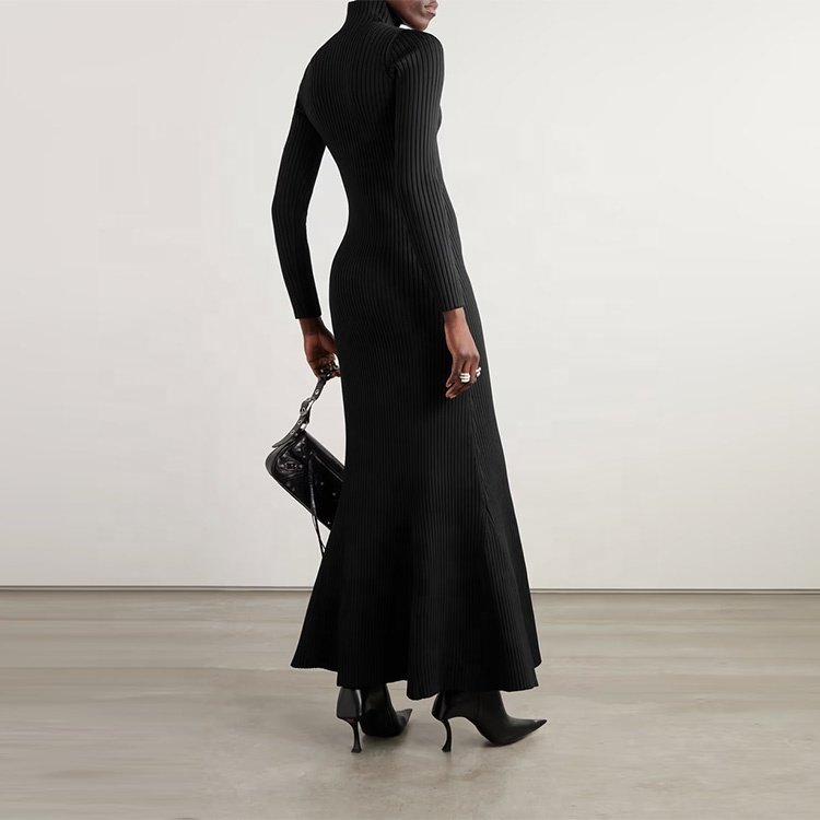 Knitwear Manufacturer Custom Fall Winter Black turtleneck Long Sleeve elegant casual Ribbed Knit Women Sweater Dress