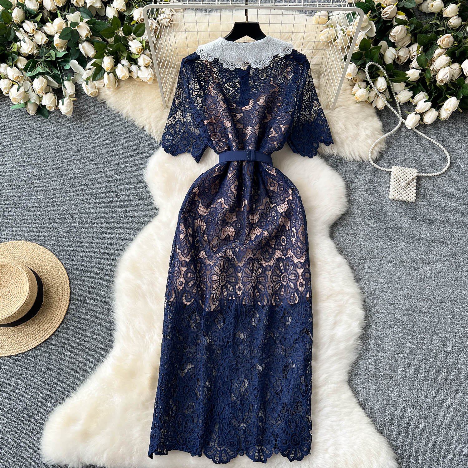 LE2309 Goddess Hollow Hook Flower Midi Dress 2024 New lace Doll Collar Belted Embroidery Long Dress Socialite Party Casual Dress
