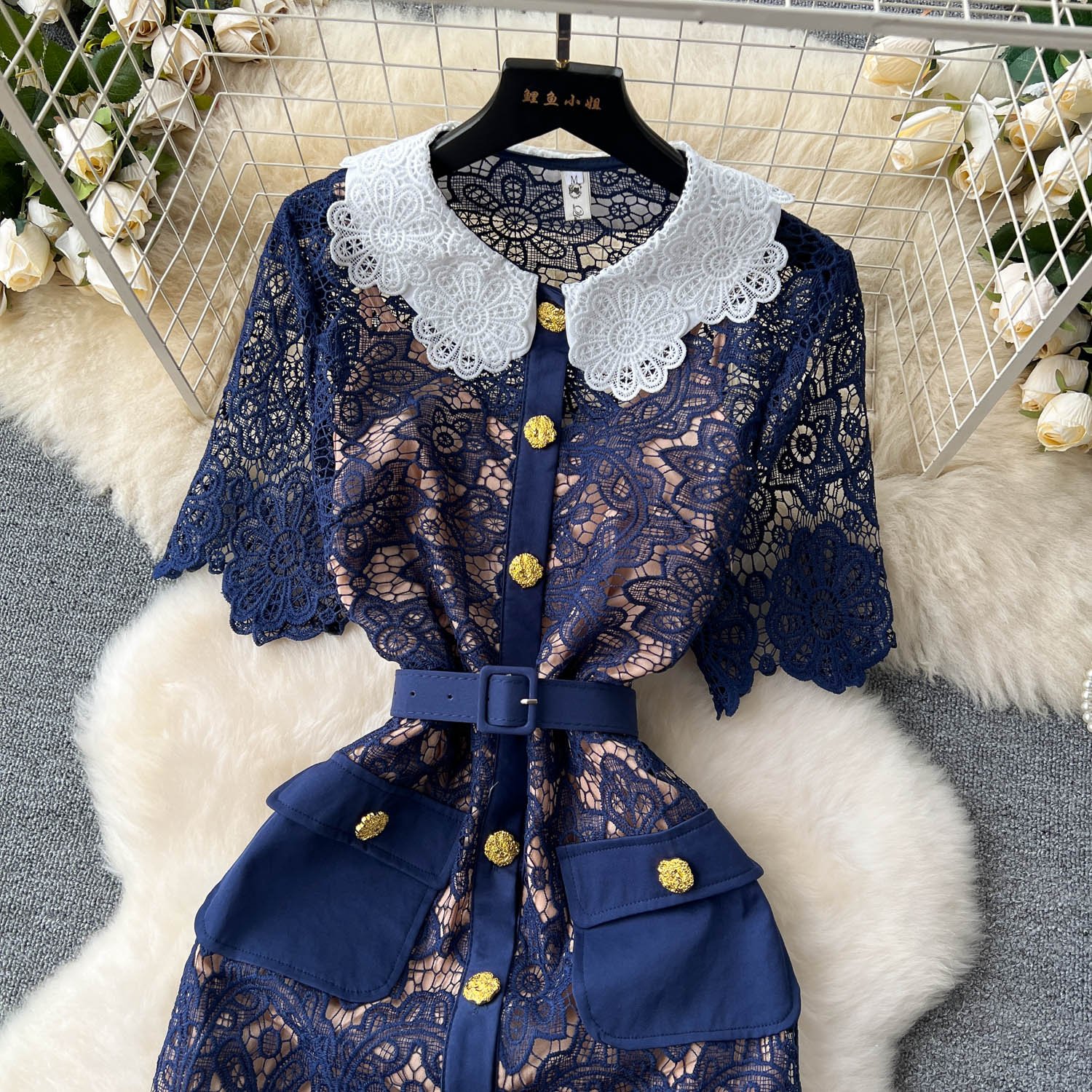 LE2309 Goddess Hollow Hook Flower Midi Dress 2024 New lace Doll Collar Belted Embroidery Long Dress Socialite Party Casual Dress