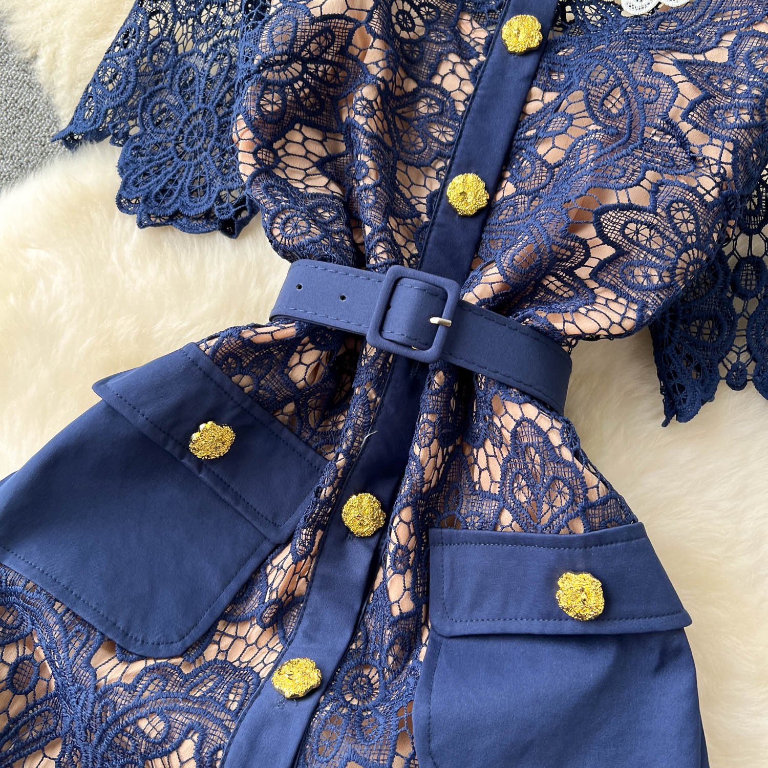 LE2309 Goddess Hollow Hook Flower Midi Dress 2024 New lace Doll Collar Belted Embroidery Long Dress Socialite Party Casual Dress